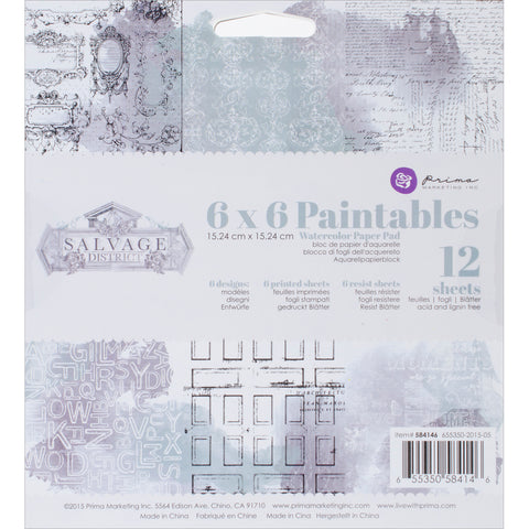 538736 Prima Marketing Paintables Watercolor Paper Pad 6"X6" 12/Pkg Salvage District