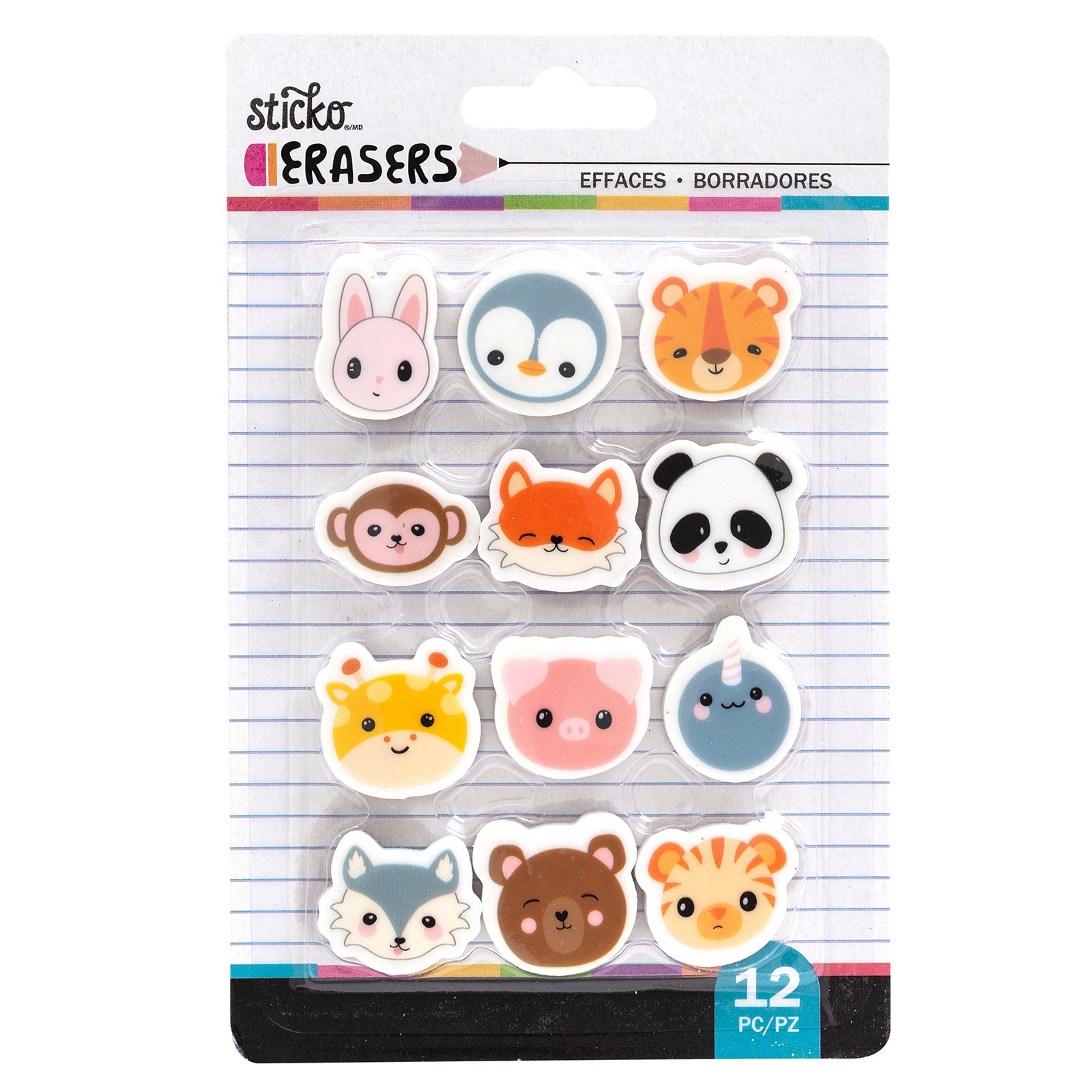 596585 Sticko Small Erasers 12/Pkg Animal Heads